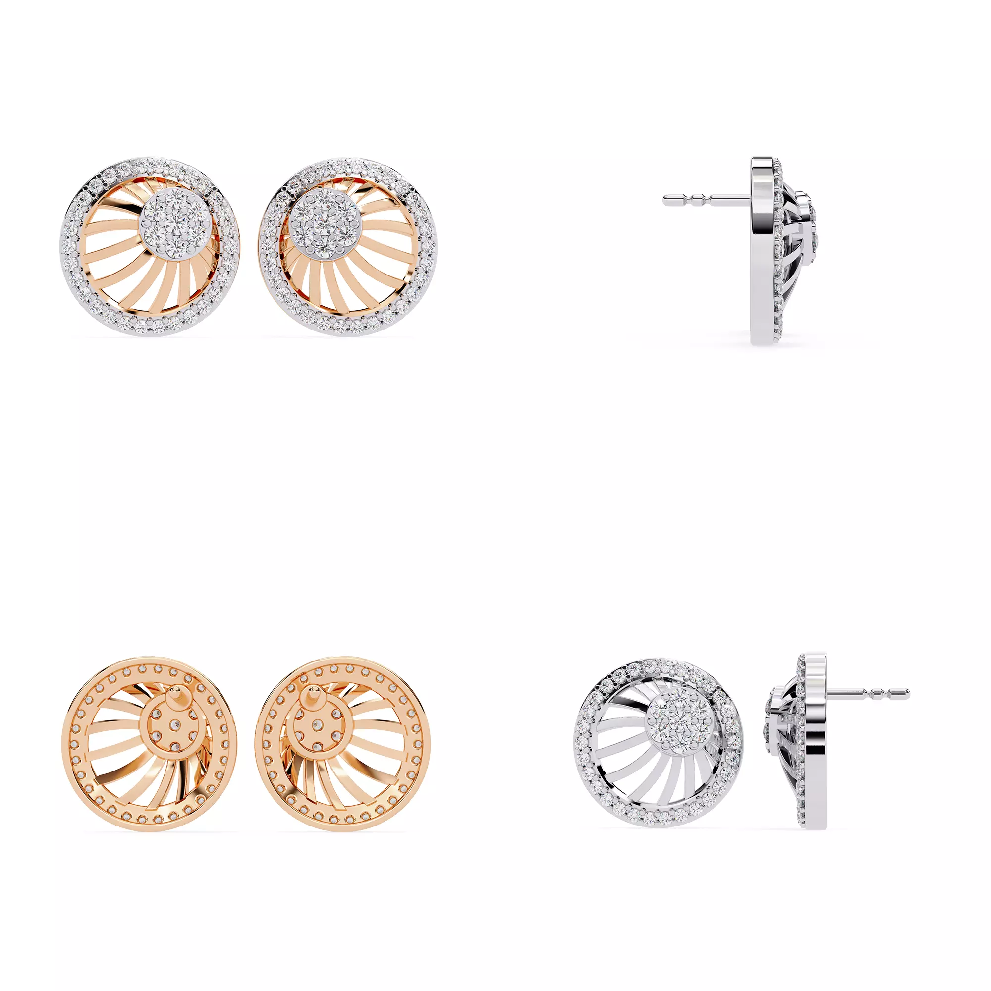 Elegant Dual-Tone Radiant Sunburst Diamond Stud Earrings 3D print model
