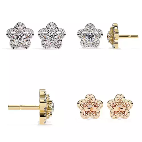 Elegant Floral Diamond Halo Stud Earrings 3DM STL CAD Model