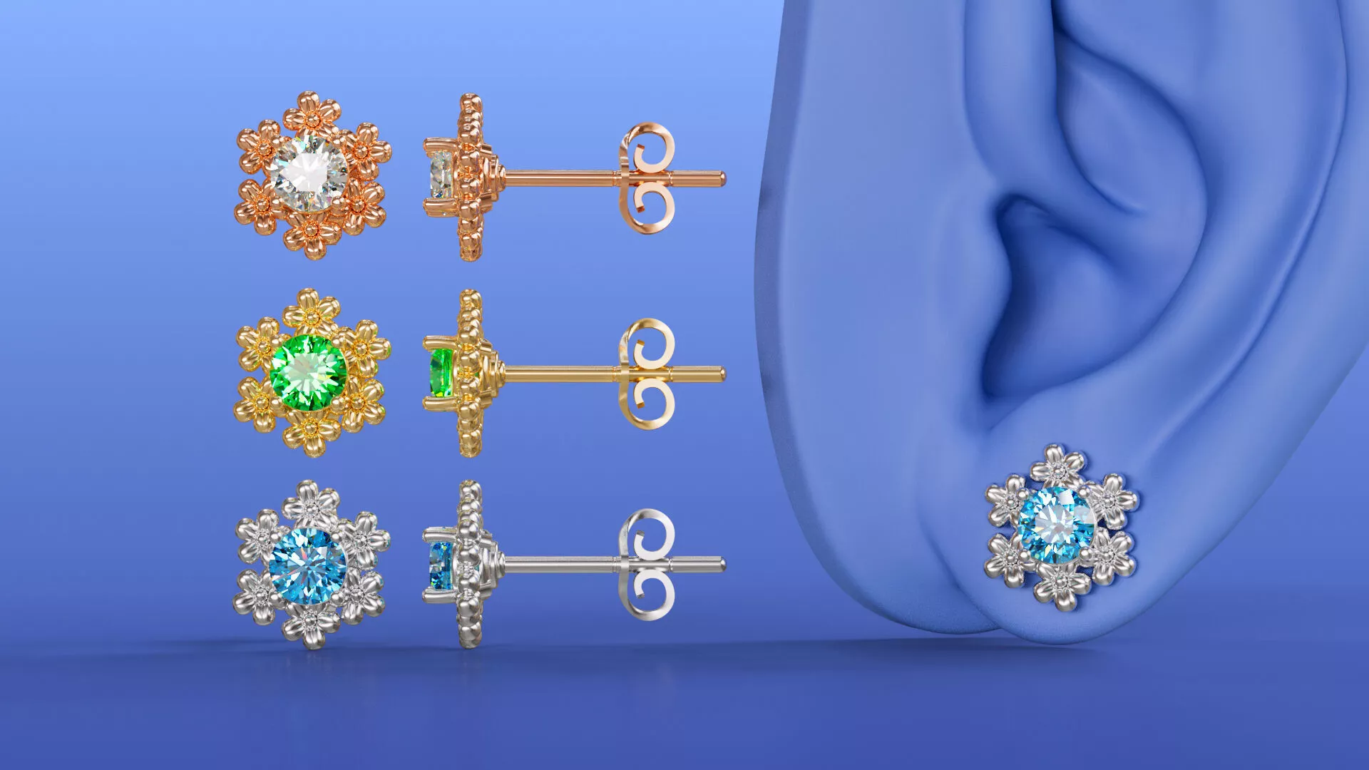Floral Cluster Halo Stud Earrings - Flower Earrings Design 3D print model
