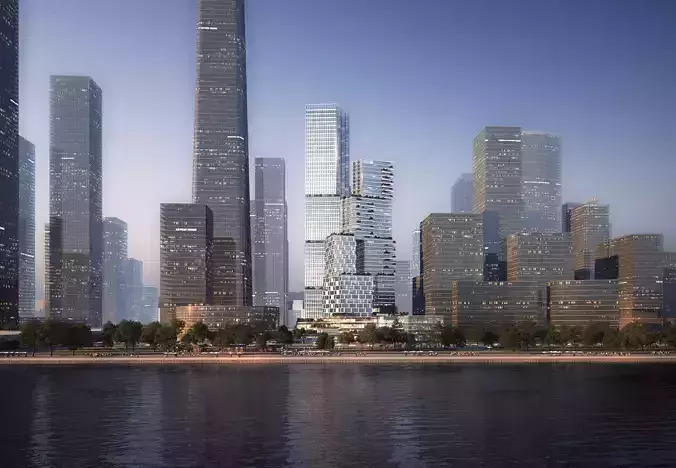 Modern Riverfront Cityscape with Mixed-Use Glass Skyscraper