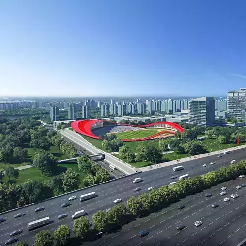 Futuristic Red Ribbon Stadium Complex