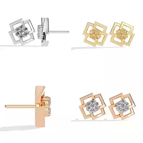 Geometric Square Cluster Diamond Stud Earrings CAD Jewelry Model