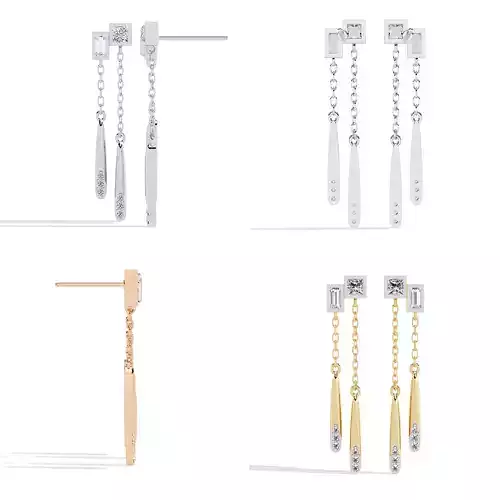 Square Top Chain Drop Diamond Stud Earrings CAD 
