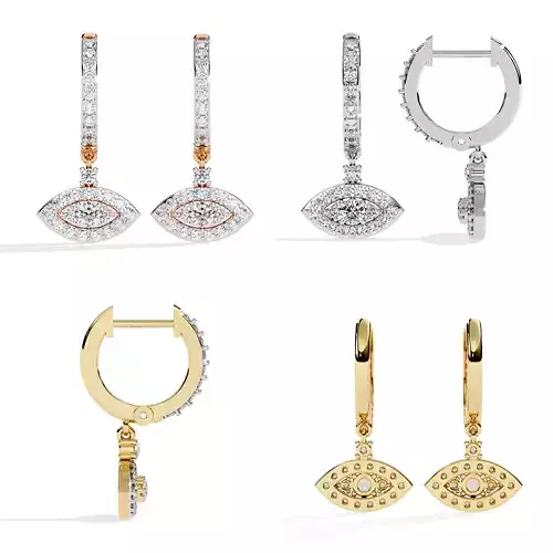 Evil Eye Diamond Drop Hoop Earrings CAD Model for Fine Jewelry