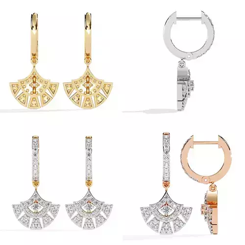 Fan Shape Diamond Drop Hoop Earrings CAD Model for Fine Jewelry