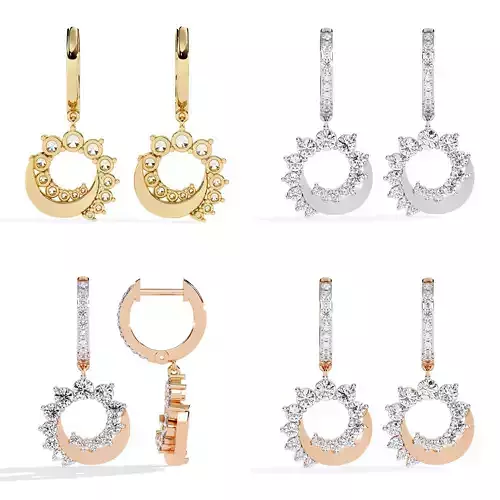 Crescent Circle Diamond Drop Hoop Earrings CAD Model for Jewelry