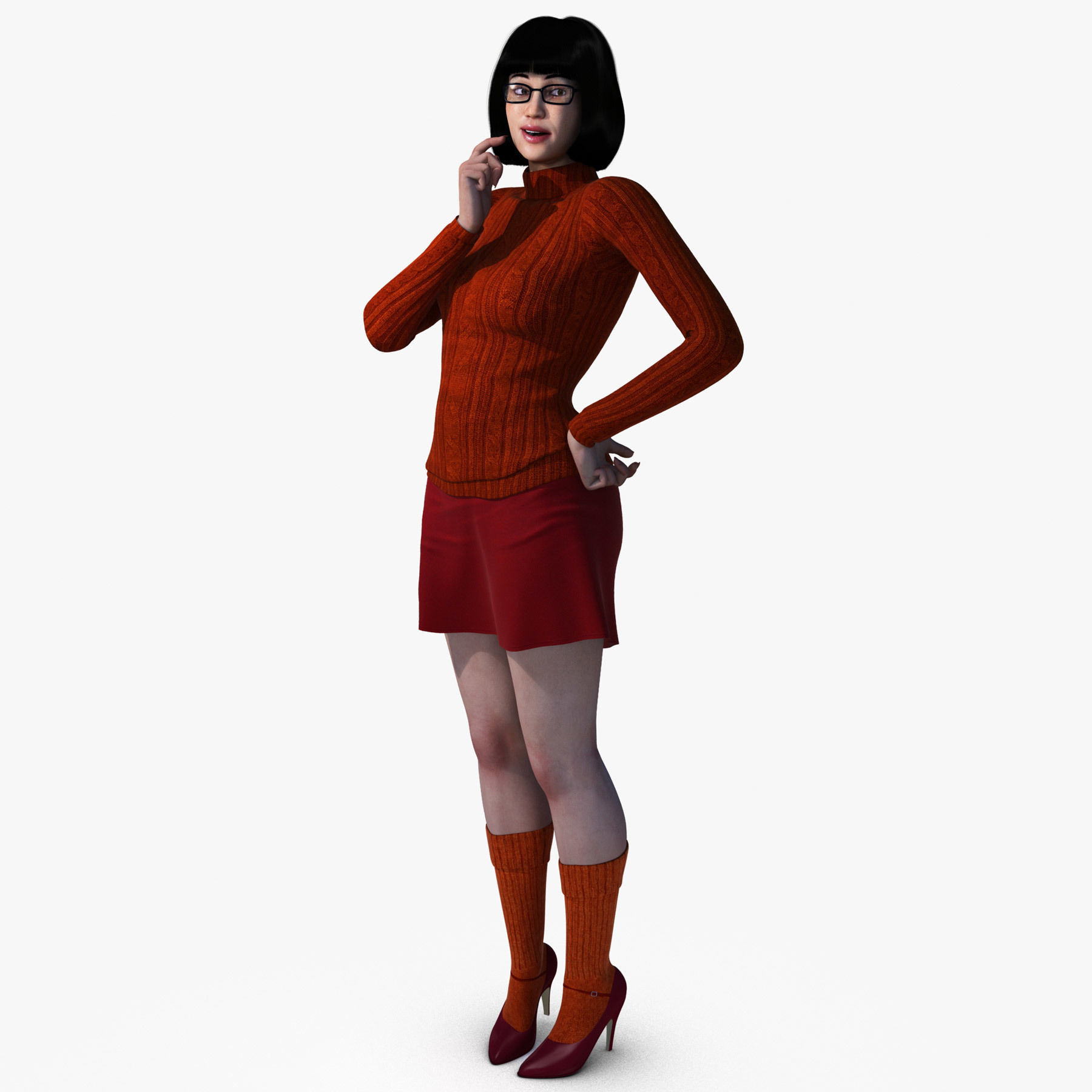 Velma woman in orange sweater and shorts 3D model_1