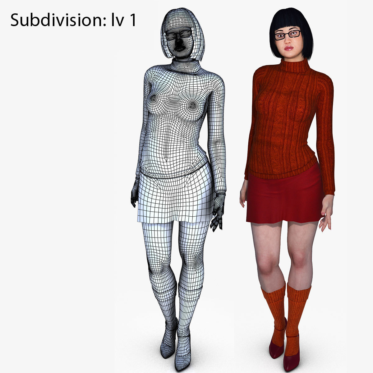 Velma woman in orange sweater and shorts 3D model_12