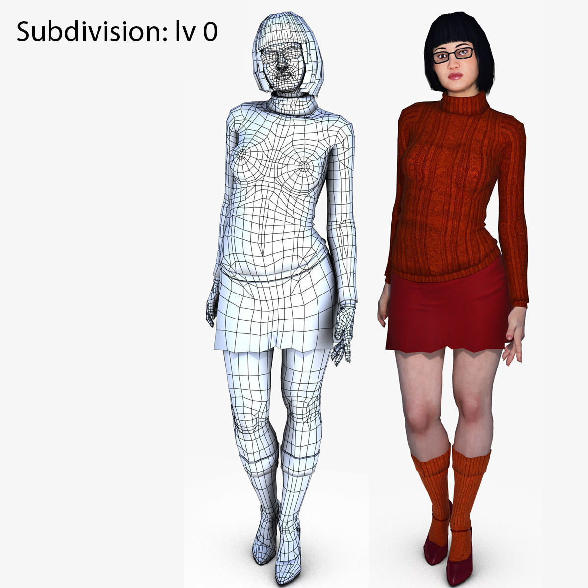 Velma woman in orange sweater and shorts 3D model_11