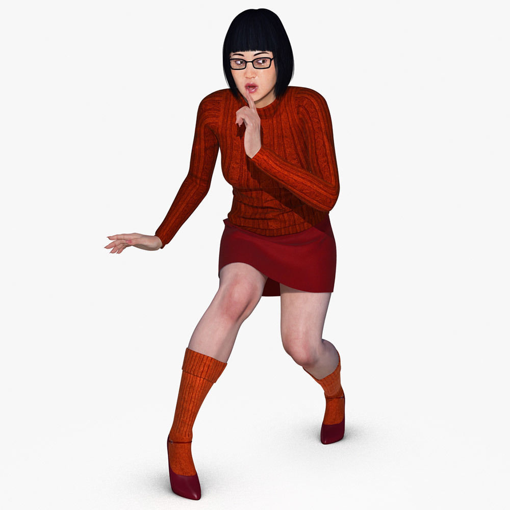 Velma woman in orange sweater and shorts 3D model_2