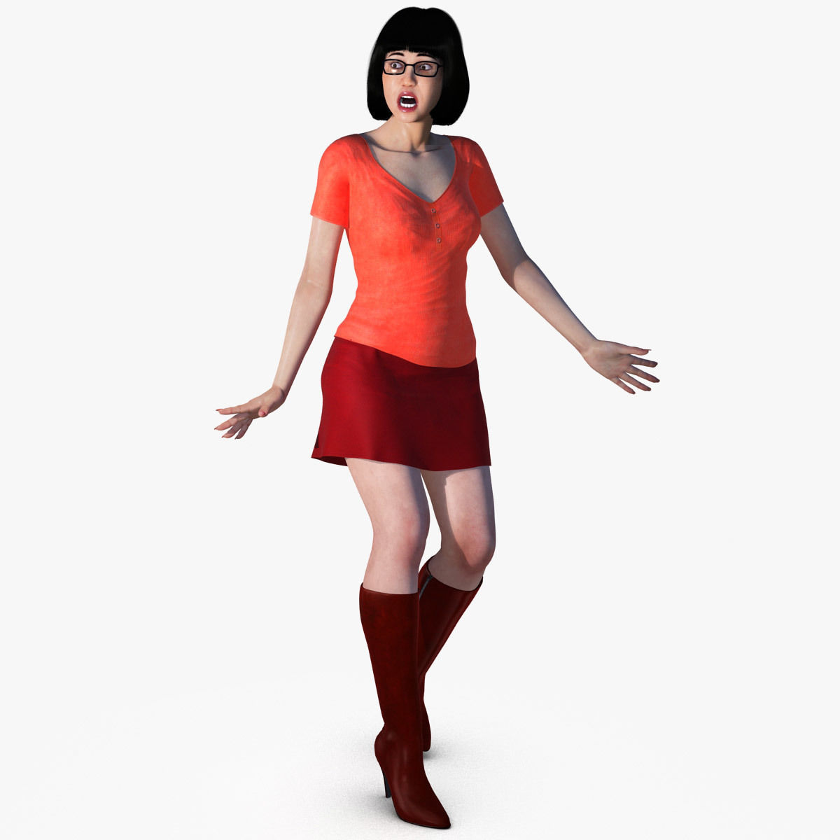 Velma woman in orange sweater and shorts 3D model_7