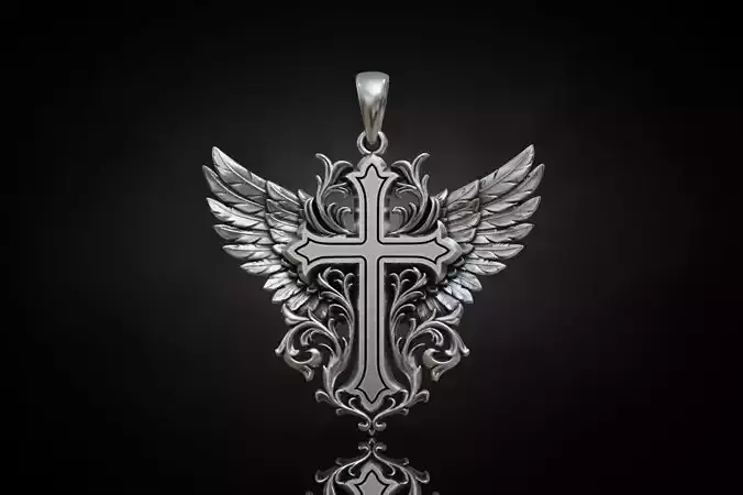 Winged Cross Pendant with baroque scrollwork