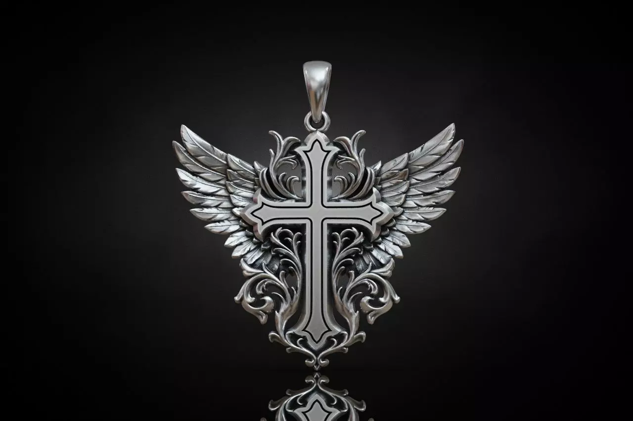 Winged Cross Pendant with baroque scrollwork 3D print model