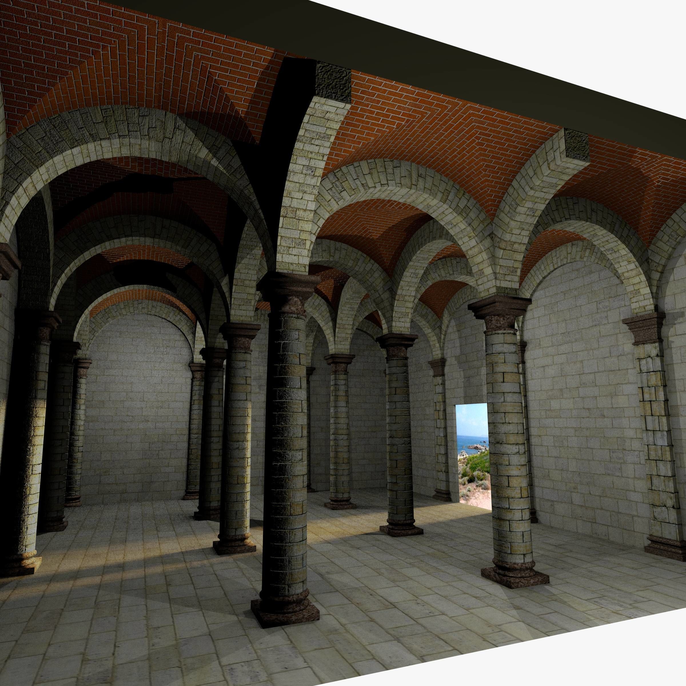 Vaulting 1-2 Romanic 500cm spaced with thin arches Low-poly 3D model_7