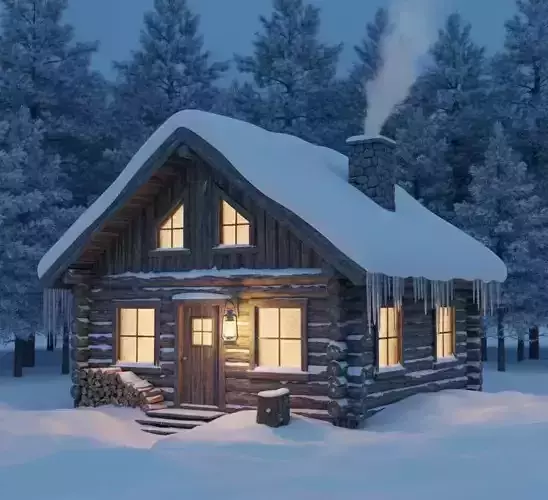 Winter Snow Cabin Realistic Environment 3D Model low poly 