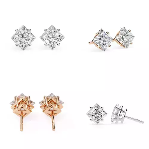 Princess Cut Diamond Stud Earrings CAD 3DM STL Jewelery Model