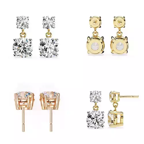 Double Round Drop Diamond Earrings CAD 3DM STL Model