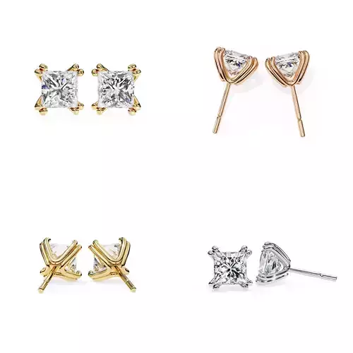 Princess and Trillion Solitaire Stud Earrings Set 3DM STL