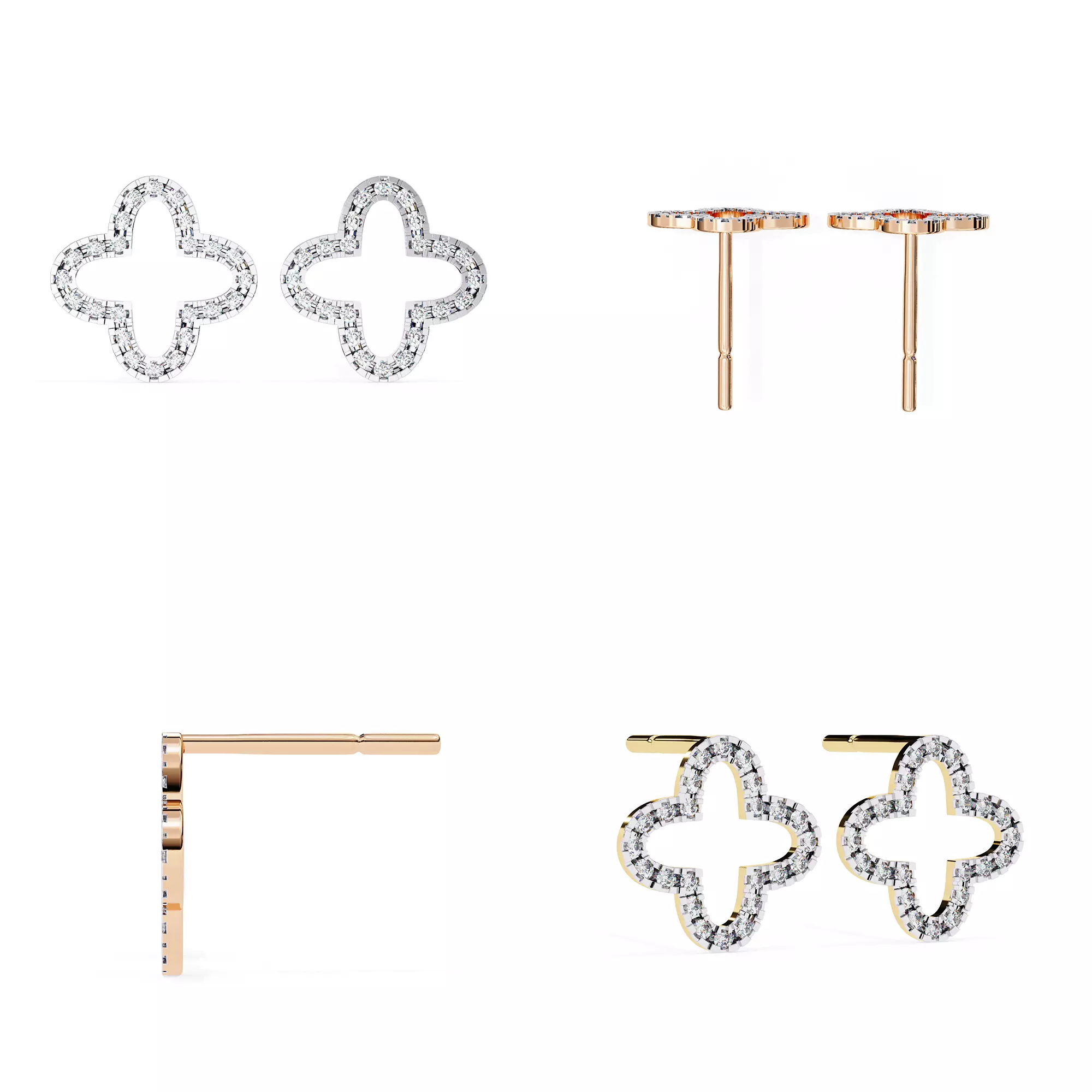 Clover Outline Diamond Stud Earrings 3DM STL 3D print model