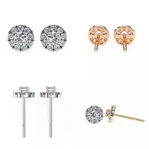 Halo Round Diamond Stud Earrings 3DM STL Luxury CAD Model