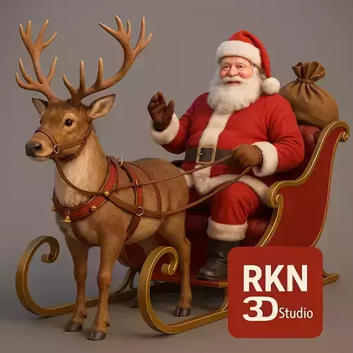 Realistic Santa Sleigh with Reindeer PBR Holiday Character