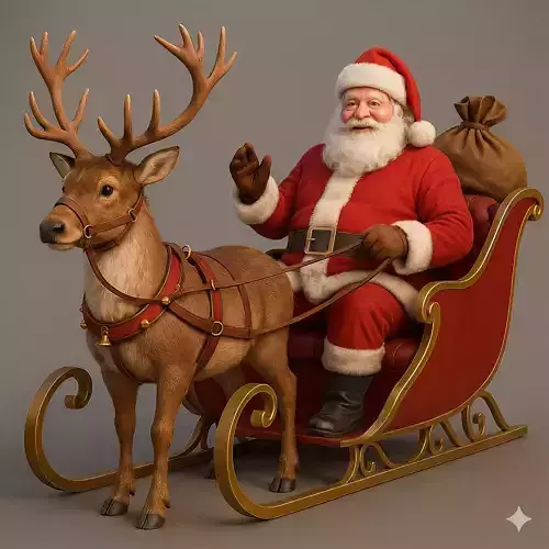 Realistic Santa Sleigh with Reindeer PBR Holiday Character