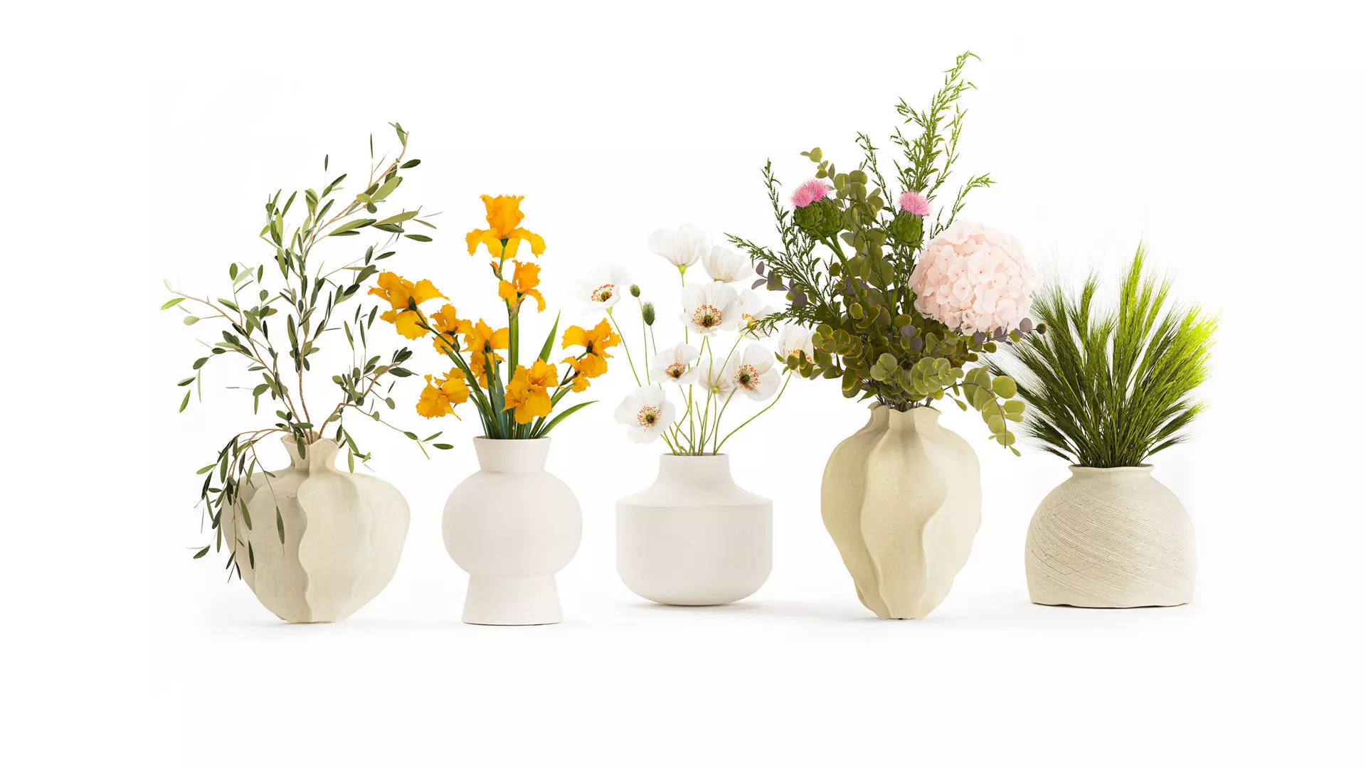 Collection small bouquets poppy olive Iris flowers vase set 3D model