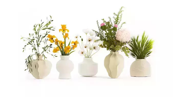 Collection small bouquets poppy olive Iris flowers vase set