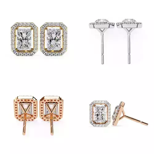 Rectangle Halo Diamond Stud Earrings 3DM STL Premium CAD Model