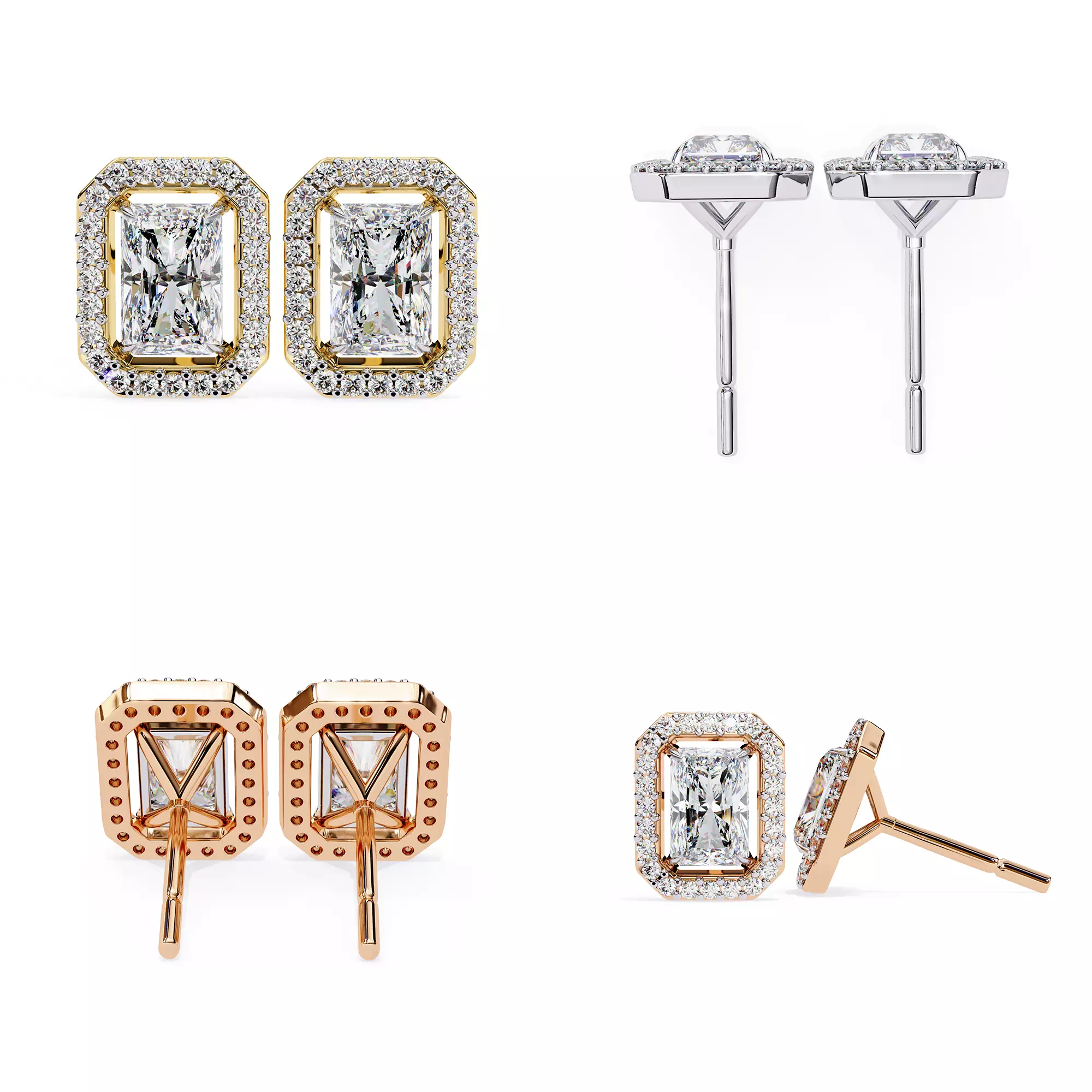 Rectangle Halo Diamond Stud Earrings 3DM STL Premium CAD Model 3D print model