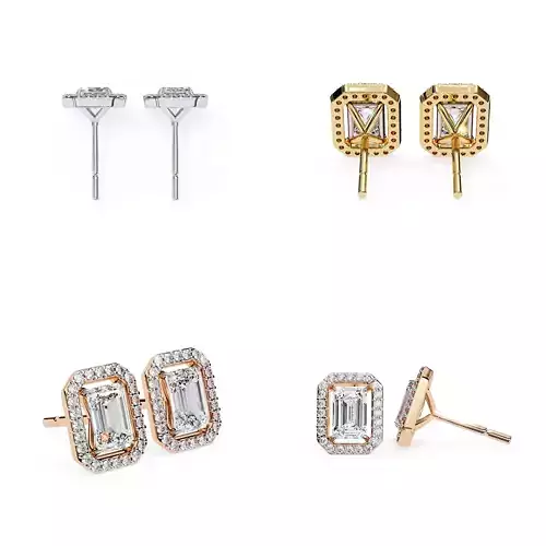 Emerald Cut Halo Diamond Stud Earrings 3DM STL Premium CAD Model