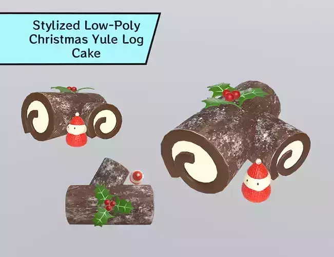 Stylized Low-Poly Christmas Yule Log Cake