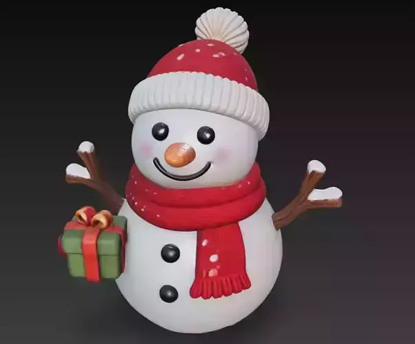 Snowman with Green Gift - Christmas Sculpture 3D Model