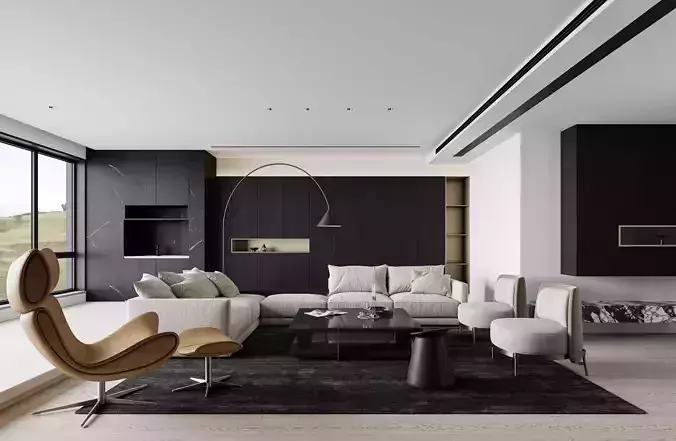 Modern minimalist living room 3D model 2