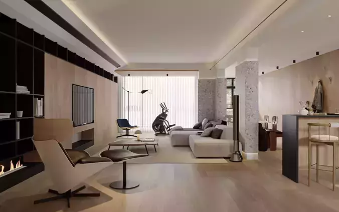 Log-style living room 3D model 3