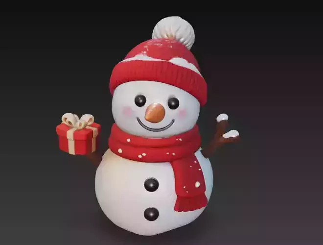 Snowman with Gift Box - Holiday Christmas Sculpture 3D Model