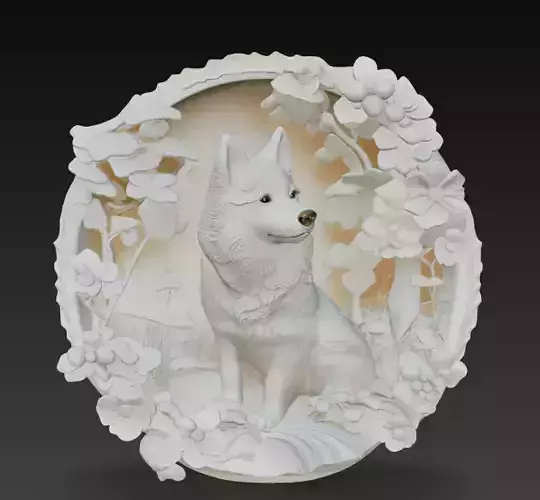 Wolf in Floral Frame - Artistic Animal Relief 3D Model
