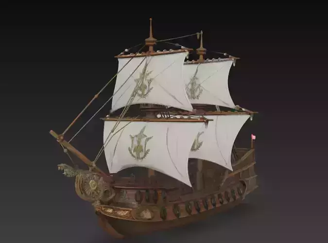Ornate Galleon Ship - Renaissance Sailing Vessel 3D Model