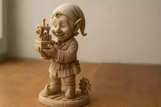 Wooden-Style Elf Figurine Holding Toy Train