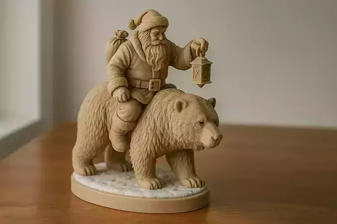 Santa Claus Riding a Bear - Wooden-Style Figurine
