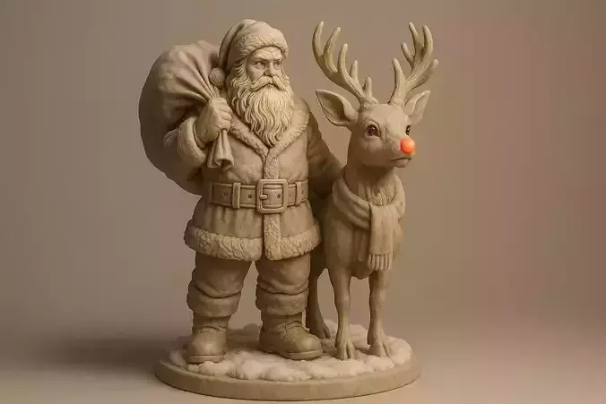 Ultra-Detailed Santa and Rudolph 3D Sculpture