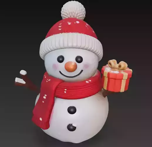 Snowman with Gift - Cute Christmas Sculpture 3D Model