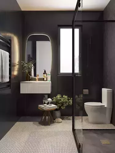 Realistic Modern Dark Bathroom Interior Scene
