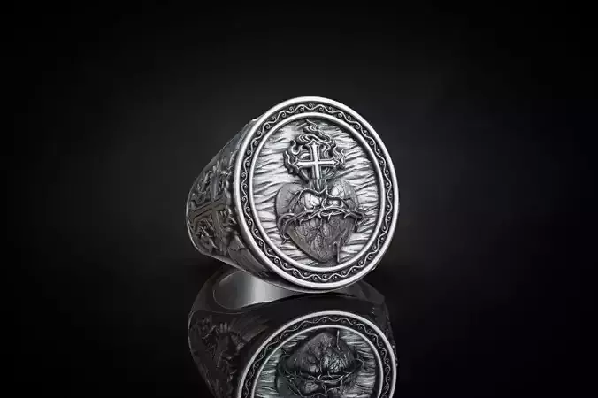Sacred Heart Cross Signet Ring