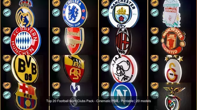 Top 20 Football team Clubs Pack - Cinematic PBR - Printable