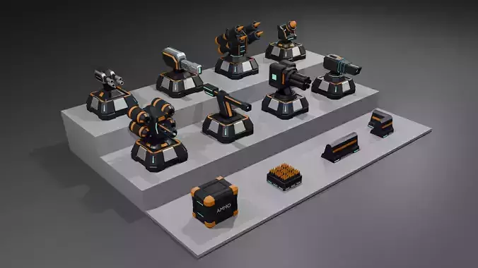 Low Poly SciFi Turrets and Defense Pack B004