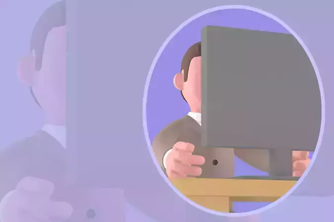 Stylized 3D Male Lawyer - Angry Cartoon Attorney at Computer