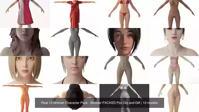 Real 10 Women Character Pack - Blender PACKED Fbx Obj and Gltf
