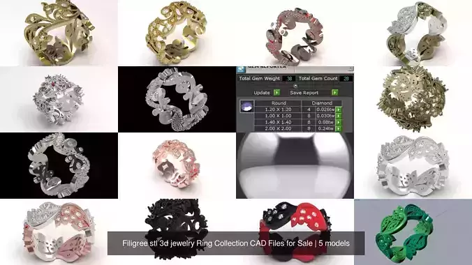 Filigree stl 3d jewelry Ring Collection CAD Files for Sale