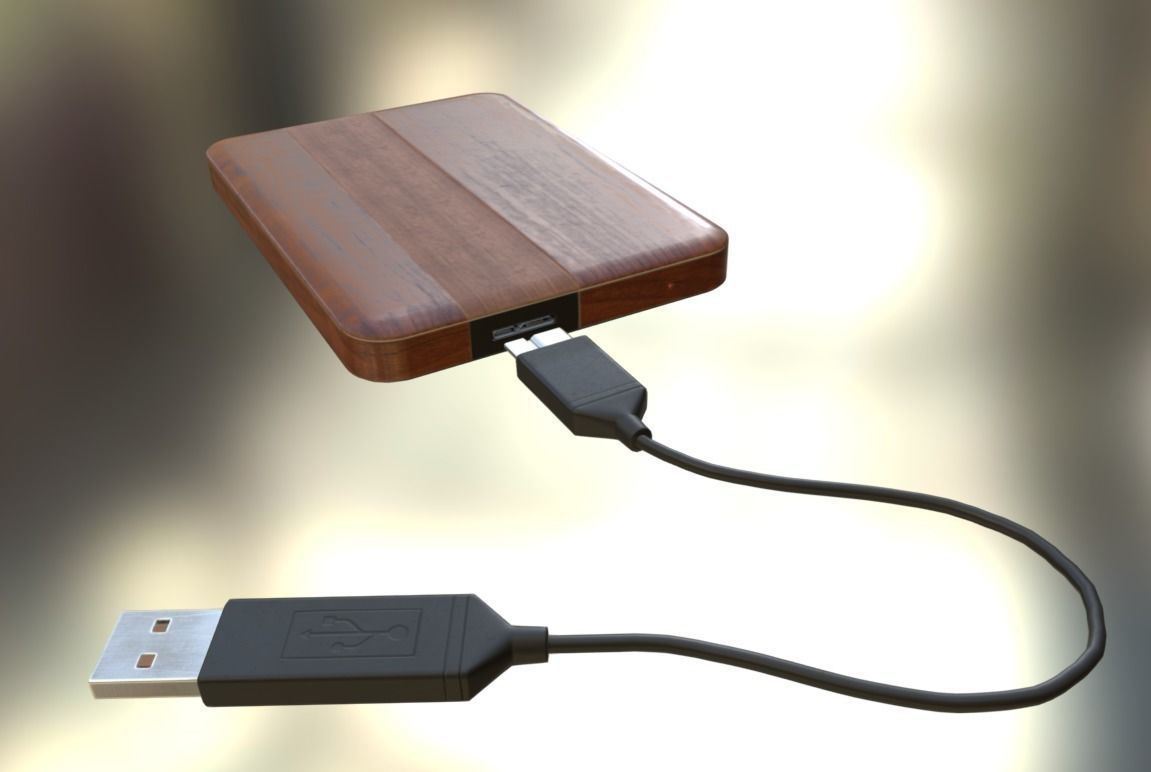 External HDD With USB Cable Rigged Wood Version Low-poly 3D model_11